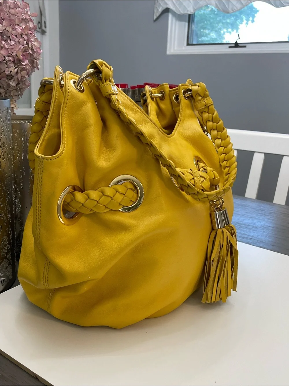 Michael Kors Yellow Leather Braided Grommet Shoulder Tote Bag Tassel Large MK